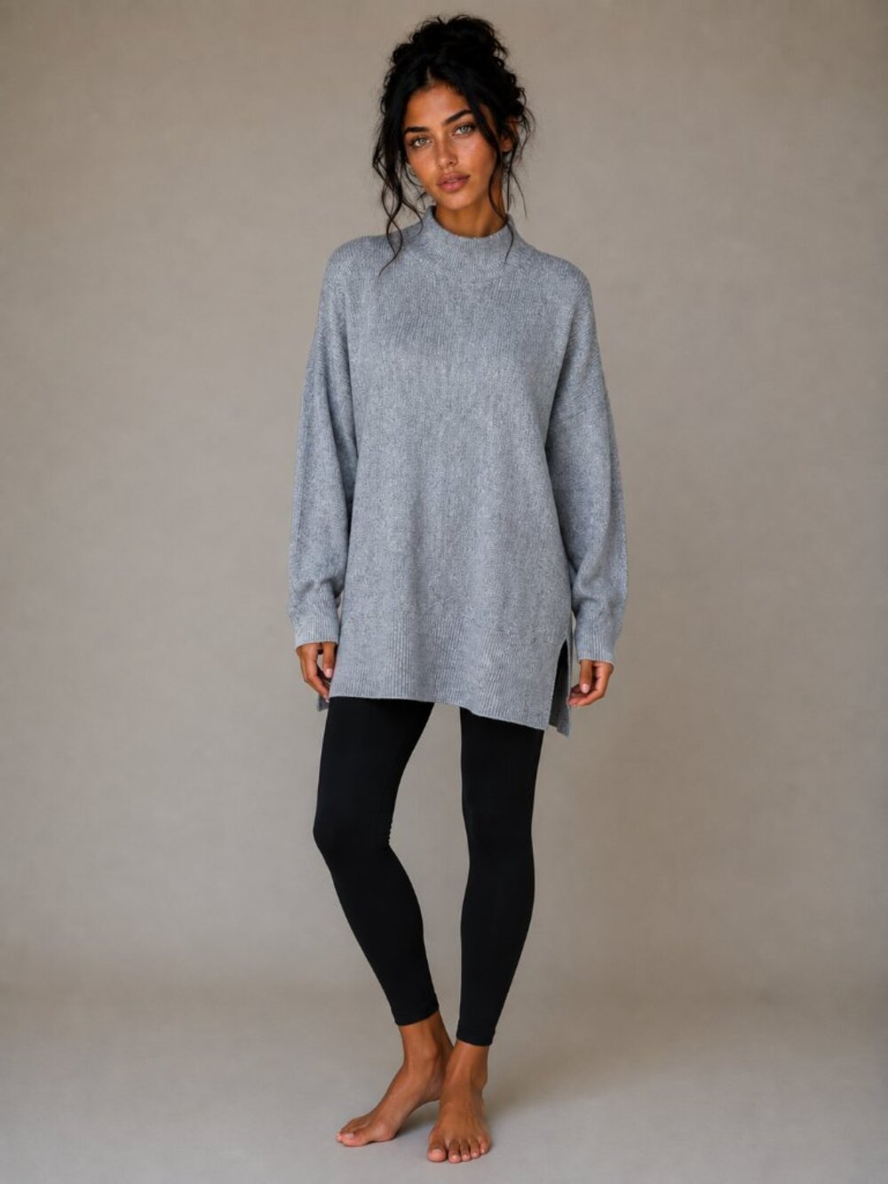 Magaschoni Mock Neck Sweater Women Large Gray NEW Oversized Tunic Side Slit Knit